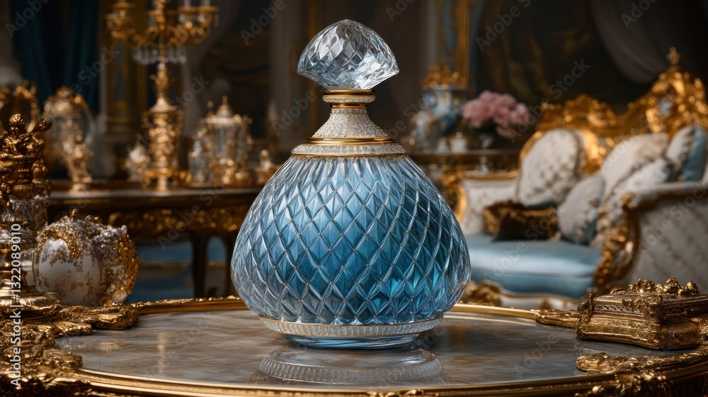 Fototapeta premium Blue glass decanter on ornate table in gilded, luxurious setting