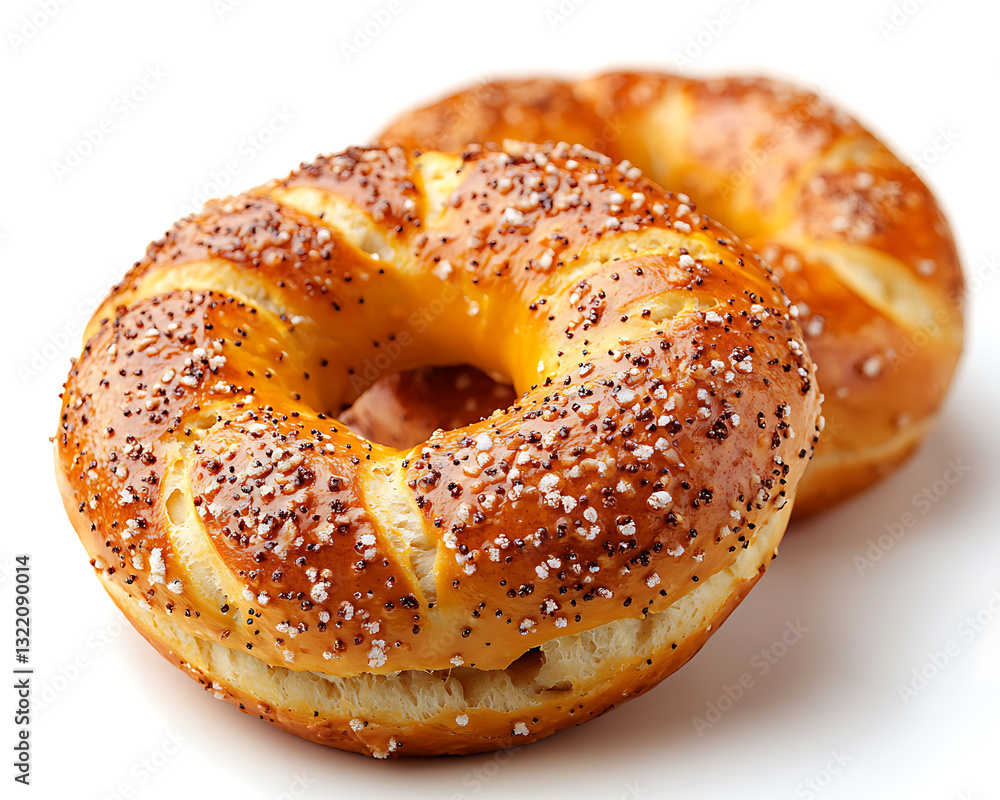 Two golden-brown baked bagels one foreground one slightly blurred behind sprinkled with white salt and dark poppy seeds. Two golden-brown baked bagels one foreground one slightly blurred behind sprinkled with white salt and dark poppy seeds.
