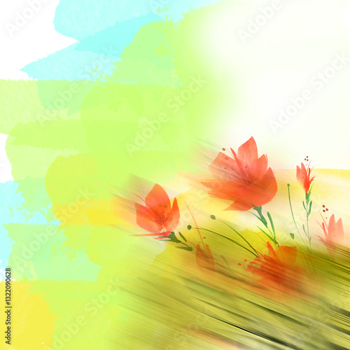 Wallpaper Mural Watercolor Frame of  poppy, branch. drawing plant. Card with poppy flowers. Garden flowers. wreath of wildflowers. Thickets of grass.A sunny day, flowers in the field. Wind, pollen.  For logo, card. Torontodigital.ca