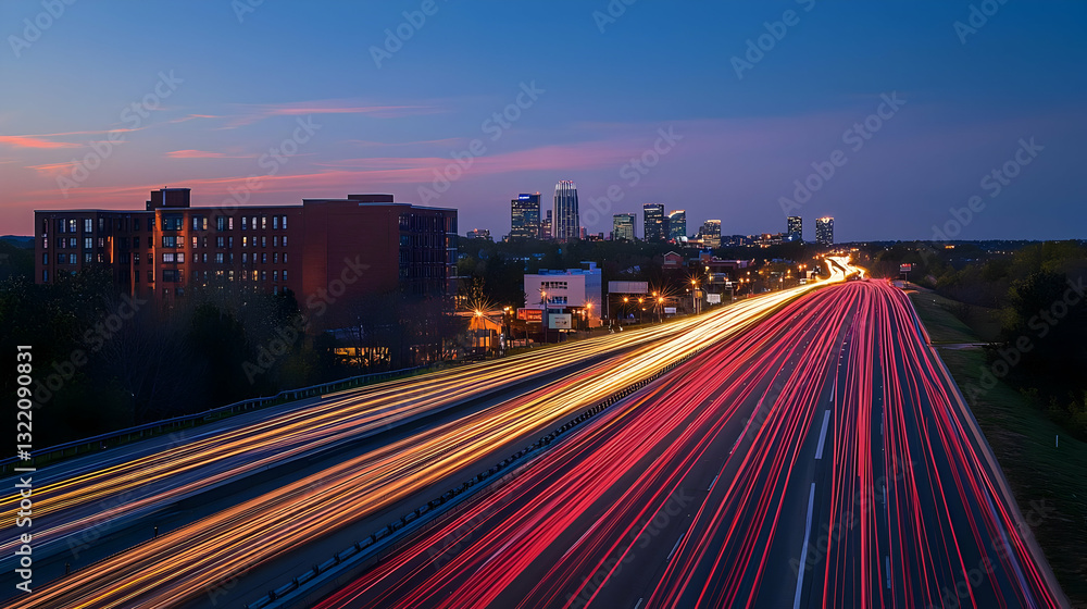 Fototapeta premium Elevated View Of Blurred City Traffic With Red And White Light Trails At Dusk