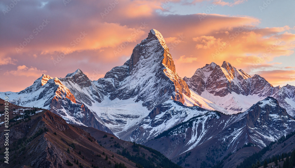 Fototapeta premium Dramatic sunset illuminating snow-capped peaks, nature's grandeur