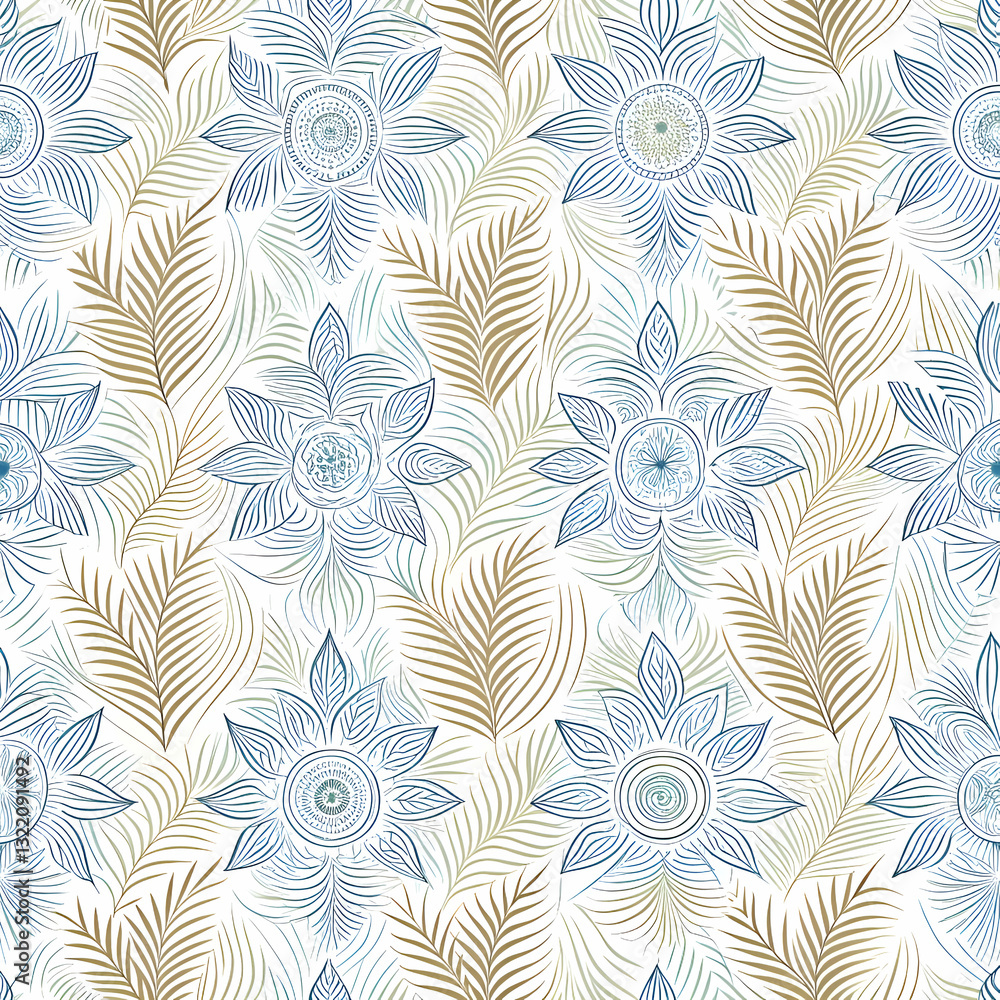 Fototapeta premium Seamless Floral Pattern with Blue and Gold Flowers and Leaves.