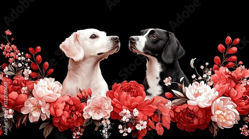  Black & white dog with red/white flowers against black background