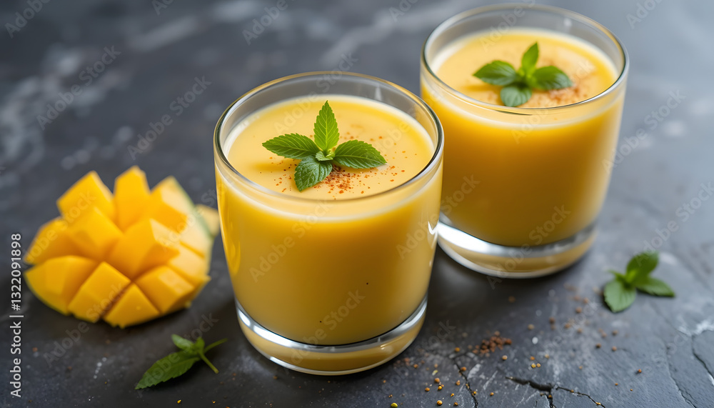 A fresh Yellow mango smoothie with mint, a healthy sweet beverage A fresh Yellow mango smoothie with mint, a healthy sweet beverage