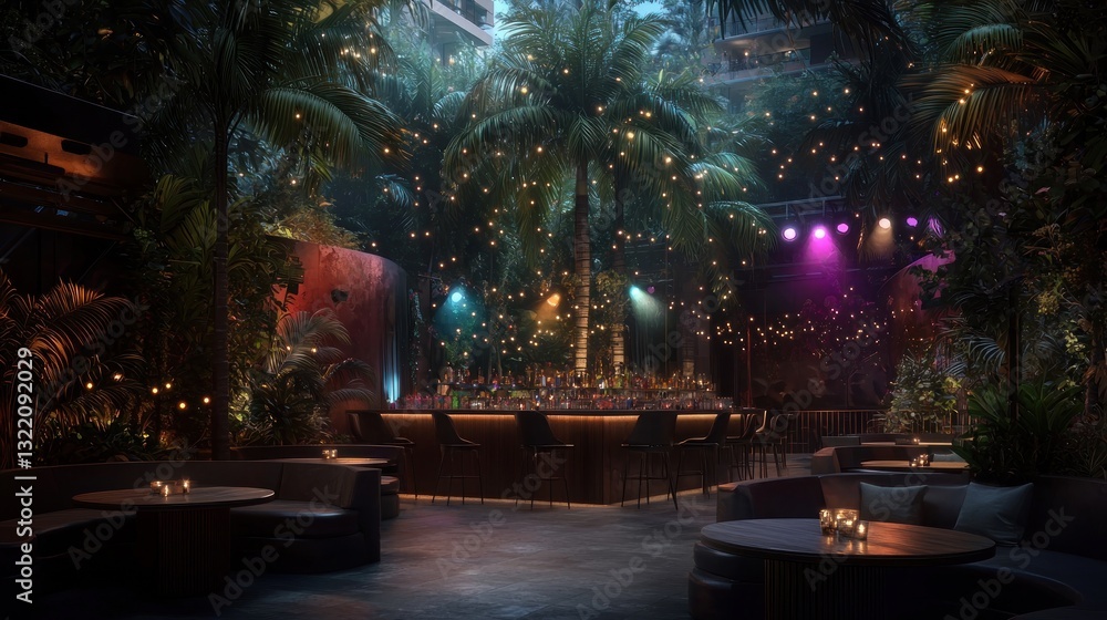 Obraz premium Tropical Nightclub Interior with Bar, Lush Plants, and Lighting