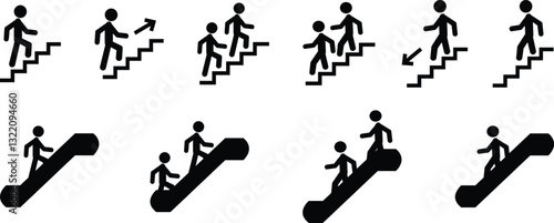 Man with Staircase or Stairs Pictogram vector. Cliparts depict various actions of a person with stairs. Man walks up and down the stairs, stick figure pictograms people, human silhouette icon set.