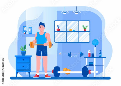 Home gym image. Cartoon style. Vector illustration.