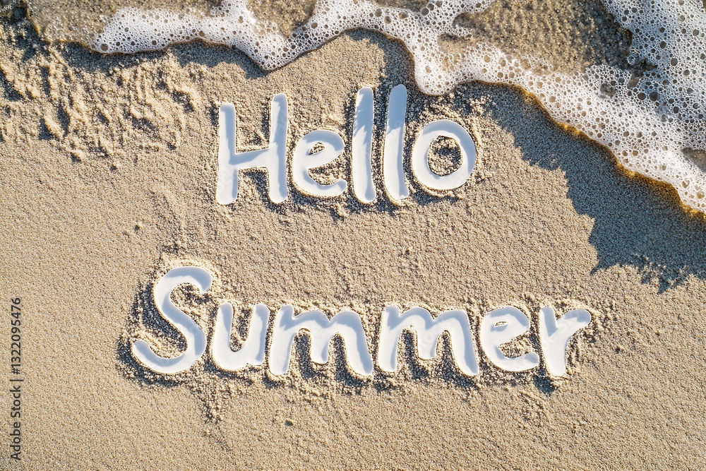 Fototapeta premium Text Hello Summer drawn in sand on a sunny beach