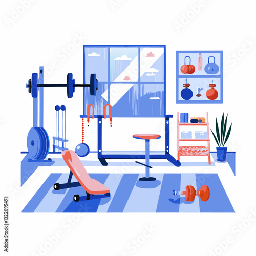 Home gym image. Flat style. Vector illustration.