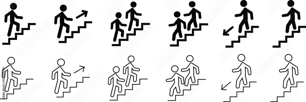 Naklejka premium Man with Staircase or Stairs Pictogram vector. Cliparts depict various actions of a person with stairs. Man walks up and down the stairs, stick figure pictograms people, human silhouette icon set.