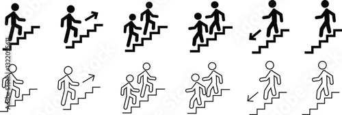 Man with Staircase or Stairs Pictogram vector. Cliparts depict various actions of a person with stairs. Man walks up and down the stairs, stick figure pictograms people, human silhouette icon set.