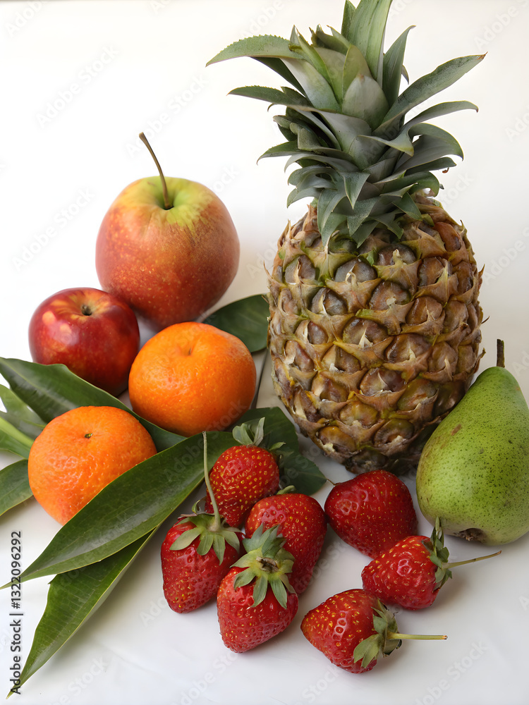 Exotic fruit assortment with pineapple, apples, mandarins, pears, and strawberries on a white background with green leaves Exotic fruit assortment with pineapple, apples, mandarins, pears, and strawberries on a white background with green leaves