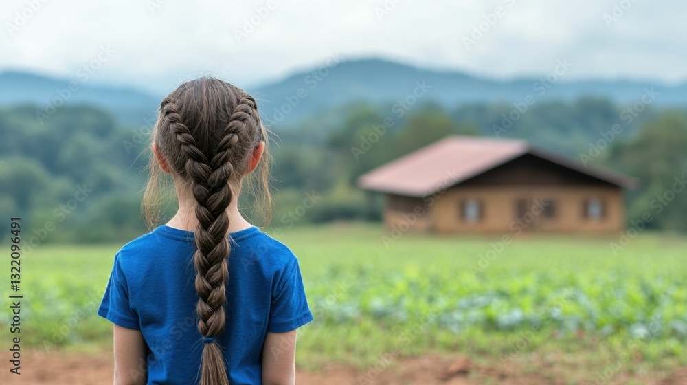 Naklejka premium A young girl with braided hair standing near a rustic house, vibrant natural lighting, hopeful and resilient theme