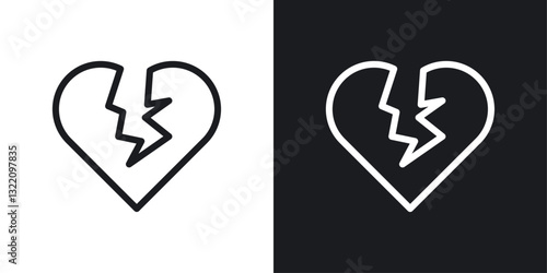 Broken heart icon set in black and white stroke lines