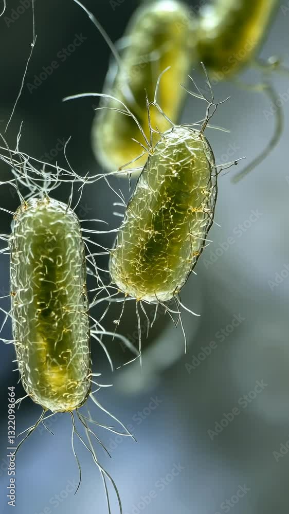Microscopic view of illuminating green bacteria displaying unique filamentous structures in a natural setting