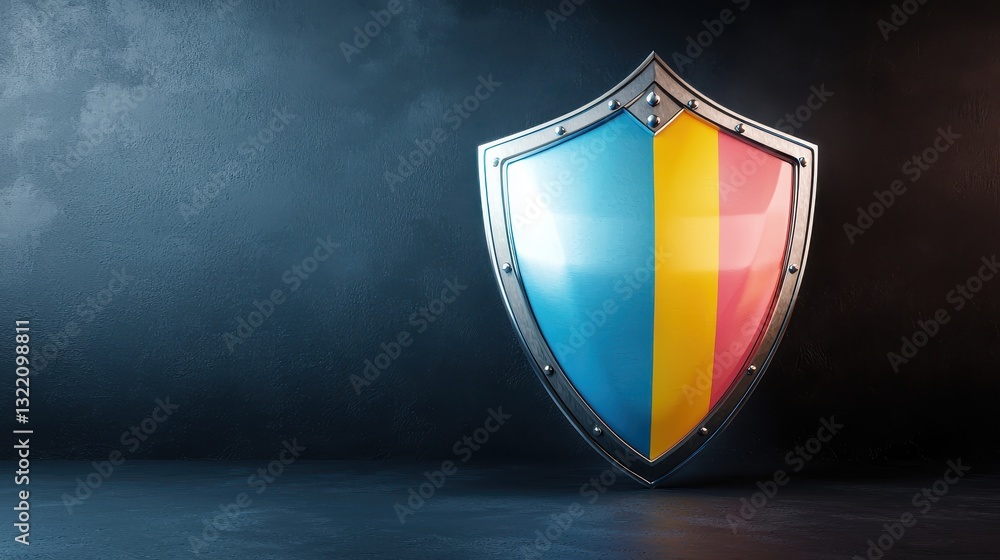 Fototapeta premium A 3D rendered metallic shield with the Nonbinary Flag design, medieval and powerful aesthetic