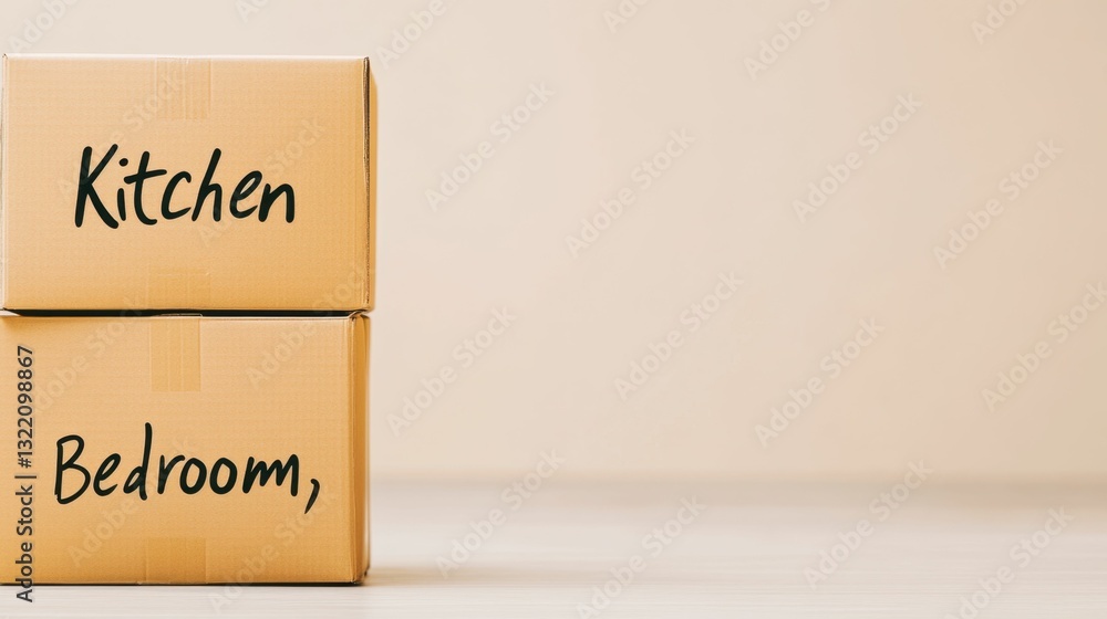 Obraz premium A stack of cardboard boxes with handwritten labels such as 