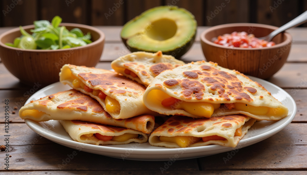 Delicious warm quesadilla with avocado and salsa on wooden table, culinary delight Delicious warm quesadilla with avocado and salsa on wooden table, culinary delight