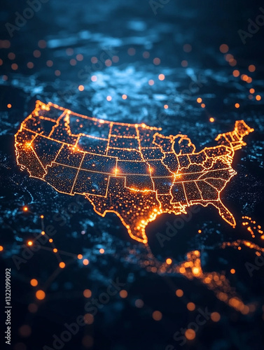 Brightly illuminated map of the United States at night