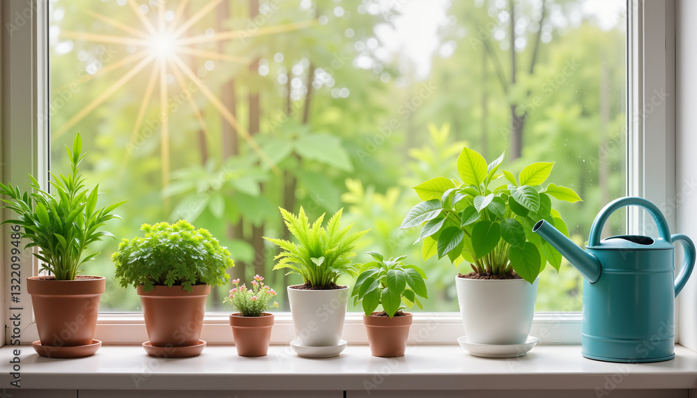 Fototapeta premium Fresh herb garden on kitchen windowsill in bright morning light, culinary inspiration
