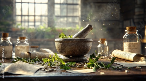 Still life featuring mortar, herbs, scrolls and glass bottles on rustic wooden table