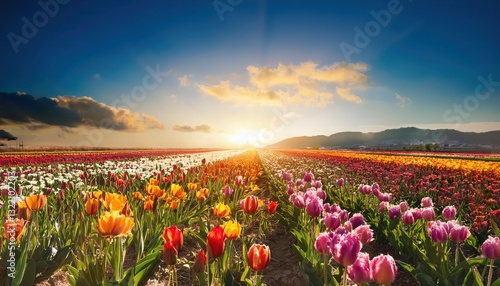 Vibrant Tulips Blossoming in Floral Field A Symphony of Springtime Colors and Textures  Evoking a Sense of Joyful Serenity Amidst the Bloom.