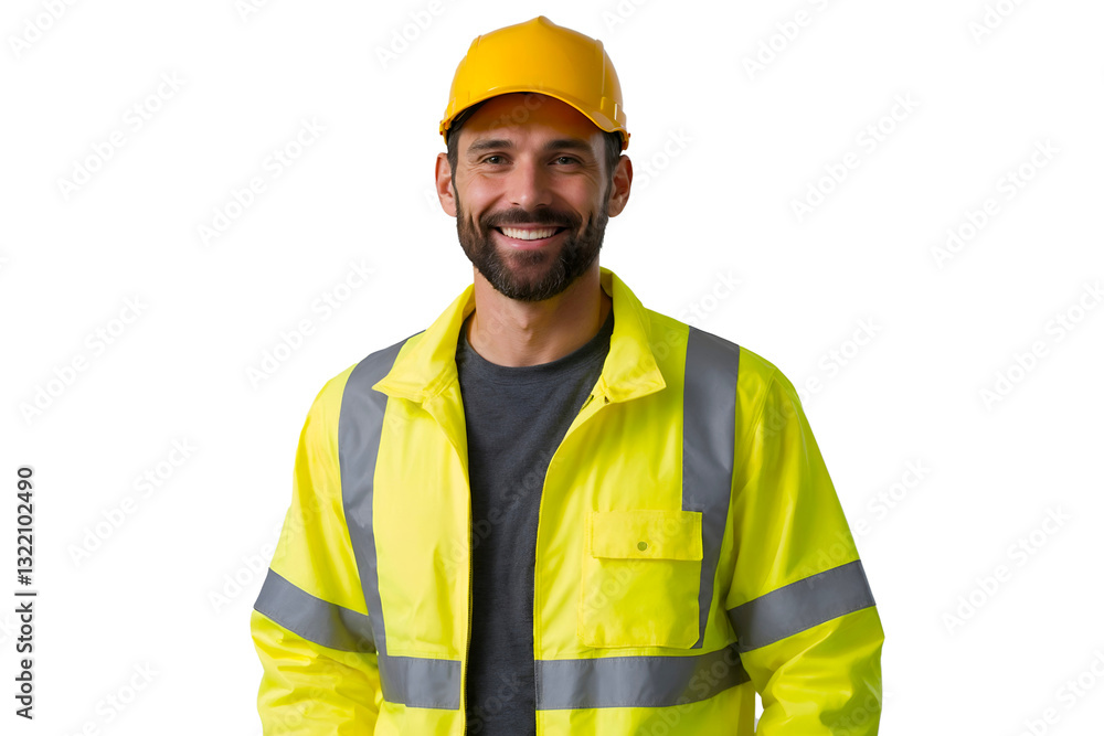 Smiling construction worker wearing a yellow reflective jacket and hard hat, isolated on transparent background Smiling construction worker wearing a yellow reflective jacket and hard hat, isolated on transparent background