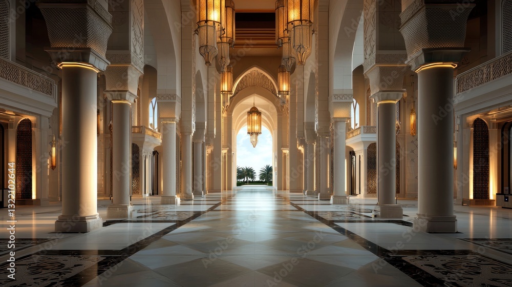 Fototapeta premium Grand palace hall interior, empty, sunlight, courtyard view
