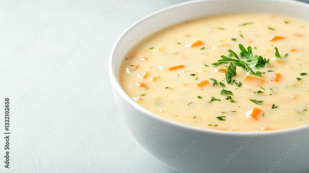 Bowl of creamy vegetable soup garnished with fresh herbs, minimalistic kitchen background, bright natural light, cozy and healthy presentation Bowl of creamy vegetable soup garnished with fresh herbs, minimalistic kitchen background, bright natural light, cozy and healthy presentation