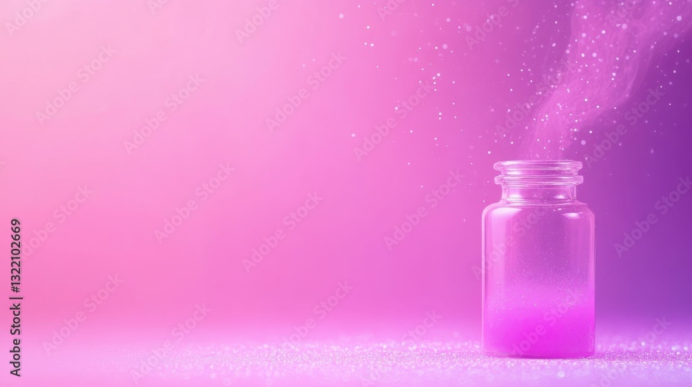 Close-up of a shimmering pink potion in a glass vial, glowing softly, magical and mysterious Close-up of a shimmering pink potion in a glass vial, glowing softly, magical and mysterious