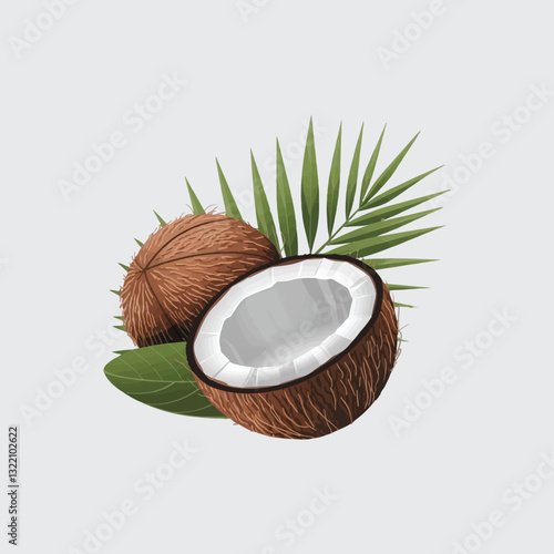 Realistic coconut illustration vector art brown textured coconut shell white coconut flesh with clean background
