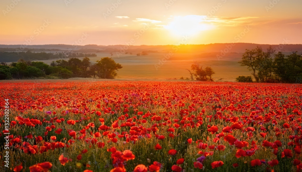 Enchanting Poppy Field Sunset Vibrant Blaze of Color Illuminating a Serene Landscape at Dusk Enchanting Poppy Field Sunset Vibrant Blaze of Color Illuminating a Serene Landscape at Dusk
