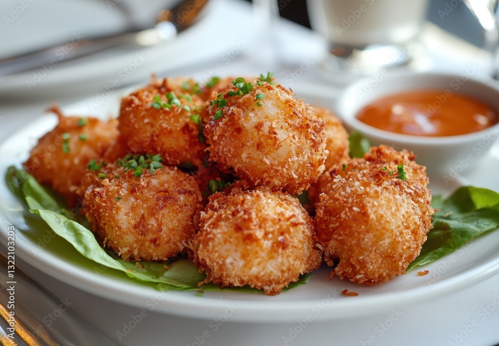Crispy Golden Brown Appetizers Served on a Plate with Fresh Greens and Sweet Sauce for Dipping in a Restaurant Setting Crispy Golden Brown Appetizers Served on a Plate with Fresh Greens and Sweet Sauce for Dipping in a Restaurant Setting