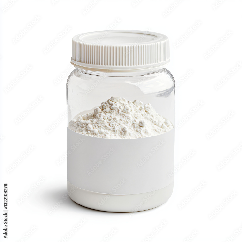 Minimalist Transparent Jar of White Powdered Substance for Health and Dietary Use Minimalist Transparent Jar of White Powdered Substance for Health and Dietary Use