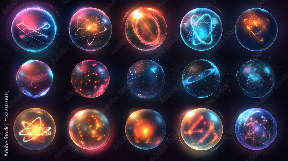 Geometry grid 3d sphere with light dots, atom orb, science chart of particles or virtual reality ball icon. Abstract spheres vector set Geometry grid 3d sphere with light dots, atom orb, science chart of particles or virtual reality ball icon. Abstract spheres vector set