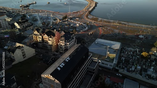 City of Ushuaia, End of the World. View of the City, Andes Mountains and Bay