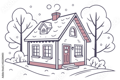 Charming Snow-Covered Pink House in Snowy Landscape Vector Illustration