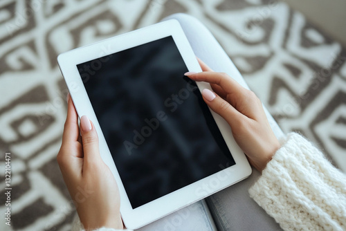 Female hands with manicure holding a tablet photo