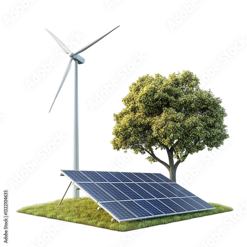 Green energy solutions wind turbine solar panels and tree