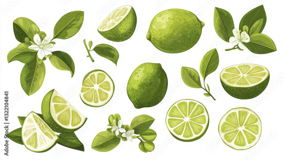 Cartoon lime. Limes slices, green citrus fruit with leaves and lime blossom isolated vector illustration set. Lime citrus fruit, green and juicy, juice vitamin organic Cartoon lime. Limes slices, green citrus fruit with leaves and lime blossom isolated vector illustration set. Lime citrus fruit, green and juicy, juice vitamin organic