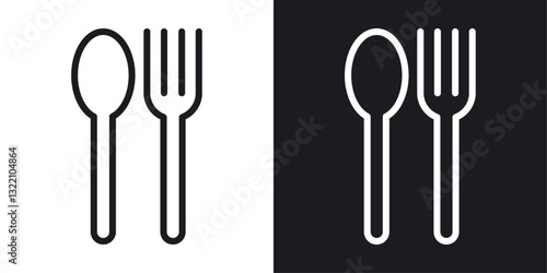 Spoon and Fork icon set in black and white stroke lines