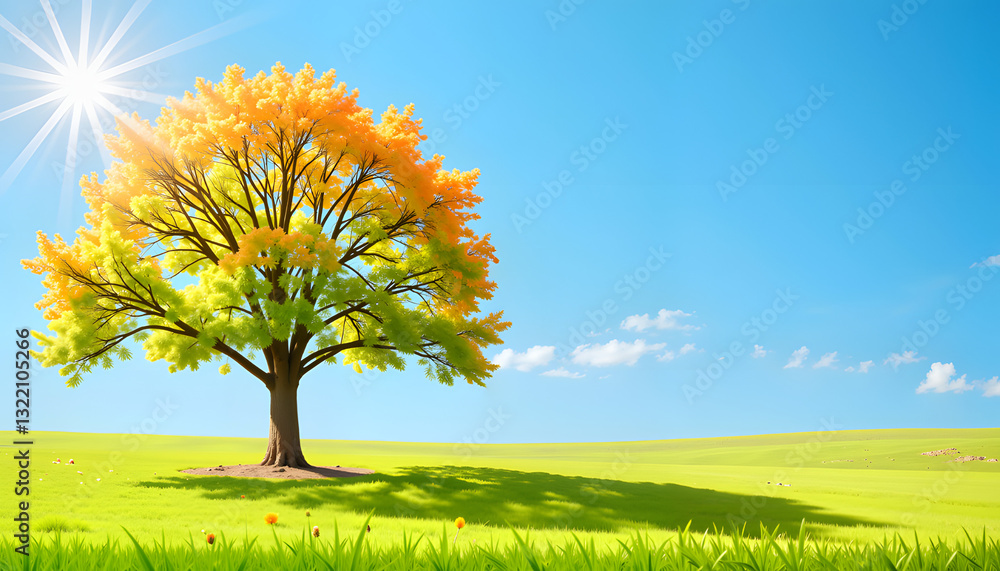 Fototapeta premium Majestic tree of life shining under bright sunlight in a meadow, spirituality