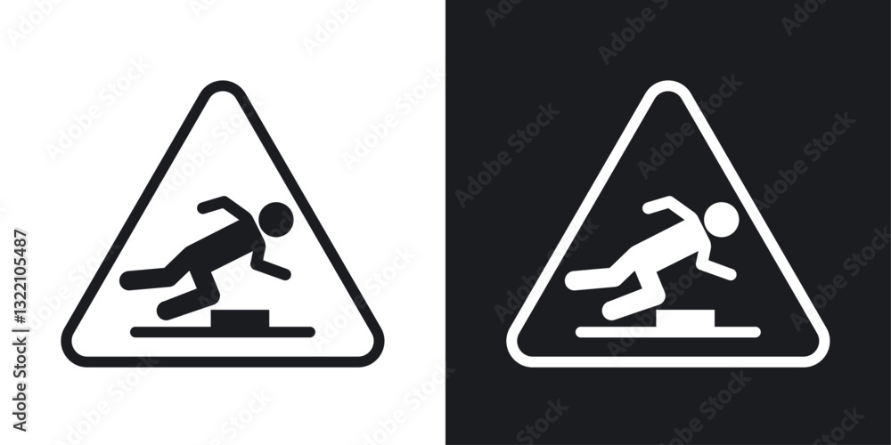 Tripping hazard warning sign set in black and white stroke lines Tripping hazard warning sign set in black and white stroke lines