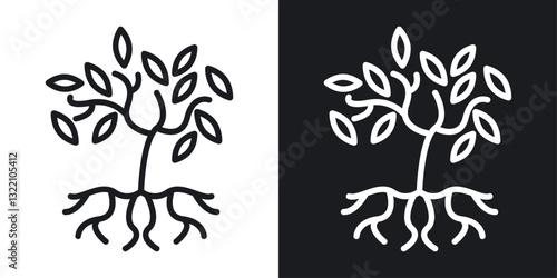 Tree with roots and leaves icon set in black and white stroke lines