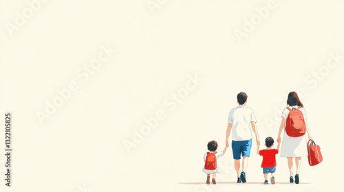 Parents walking with their children to school on a sunny morning, backpacks and lunchboxes in hand, bright natural light, supportive and active family life