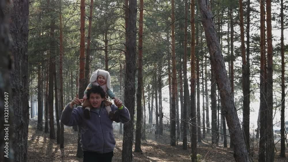 In a serene forest, a child shares a delightful moment on an adult's shoulders, pointing excitedly at trees and enjoying the beauty of nature during a sunny day. In a serene forest, a child shares a delightful moment on an adult's shoulders, pointing excitedly at trees and enjoying the beauty of nature during a sunny day.