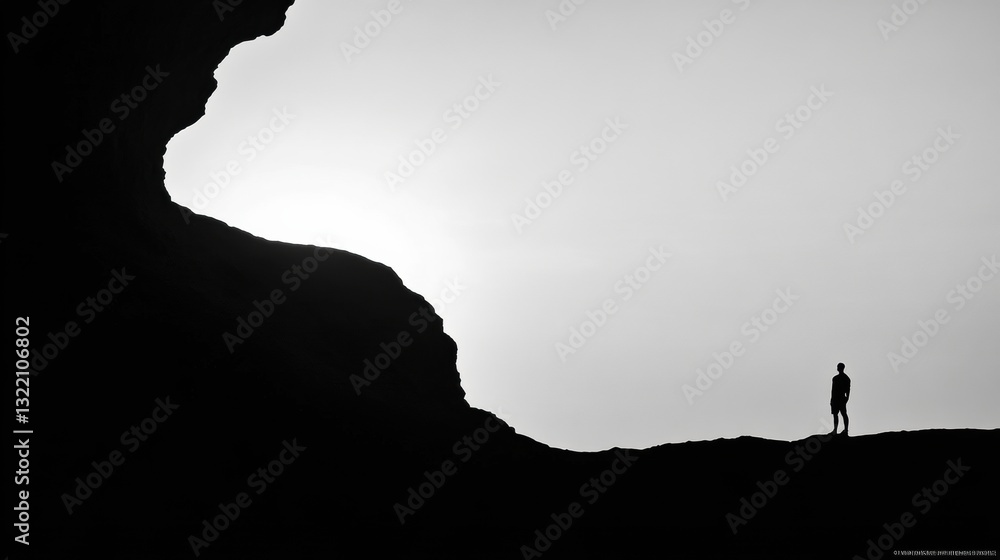 Silhouette of a lone figure standing at the edge of a rocky cliff against a bright horizon in a monochrome setting Silhouette of a lone figure standing at the edge of a rocky cliff against a bright horizon in a monochrome setting