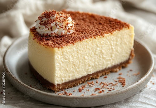 Wallpaper Mural Delicious cheesecake slice topped with whipped cream and chocolate shavings on a rustic plate served on a textured cloth background Torontodigital.ca