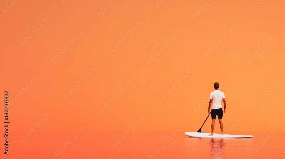 Lone paddleboarder on calm water against a vibrant orange sunset, evoking feelings of serenity and solitude Lone paddleboarder on calm water against a vibrant orange sunset, evoking feelings of serenity and solitude