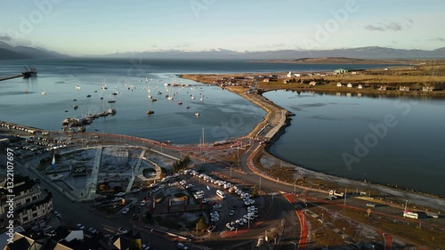 City of Ushuaia, End of the World. View of the City, Andes Mountains and Bay